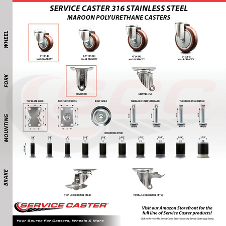 Service Caster 3 Inch 316SS Maroon Polyurethane Swivel Plate Caster Lock Brake 2 Rigid, 2PK SCC-SS316TTL20S314-PPUB-MRN-2-R-2